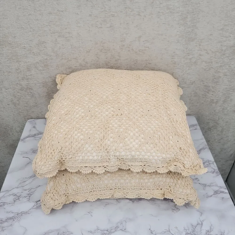 Vintage Cream Hand Crochet Lace Cotton Pillows Set of 2